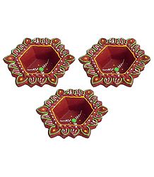 Set of 3 Hand Painted Maroon Hexagonal Diya