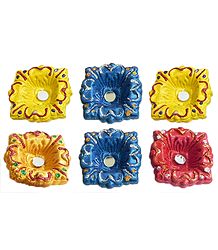 Set of 6 Hand Painted Colorful Square Diyas