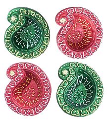 Set of 4 Hand Painted Terracotta Ghee or Oil Lamp