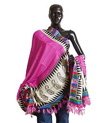 Dark Pink Bhagalpuri Silk Odhni with Multicolor Border and Paisley Print on Aanchal