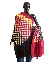 Red, Yellow and off-White Check Chunni with Black and Red Pallu