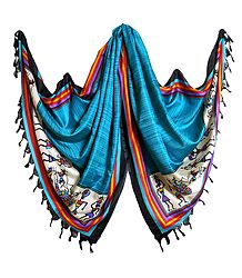 Tribal Design on Cyan Bhagalpuri Silk Dupatta