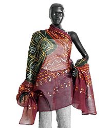 Green and Maroon Bandhani Dupatta