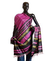 Black with Magenta Tussar Chunni with Pink and Light Yellow Stripe Pallu