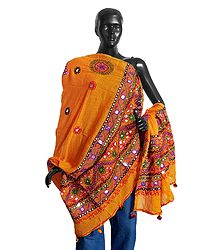Printed Yellow Cotton Chunni with Embroidery