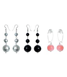 Set of 3 Pairs Grey, Black and Peach Ball Earrings
