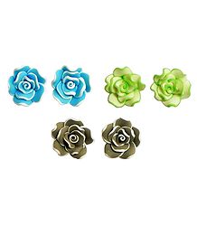 Set of 3 Pairs Blue, Green and Brown Acrylic Rose Tops