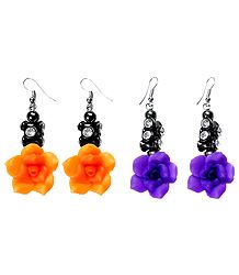 Set of 2 Pairs Saffron and Purple Acrylic Rose Earrings