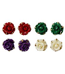 Set of 4 Pairs Red, Green, Purple and Ivory Color Rose Earrings