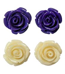 Set of 2 Pairs Purple and Ivory Color Acrylic Rose Earrings