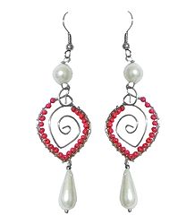 White and Pink Beaded Metal Drop Earrings