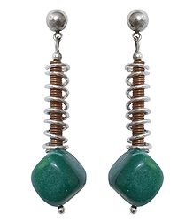 Green Stone Bead Metal Earrings