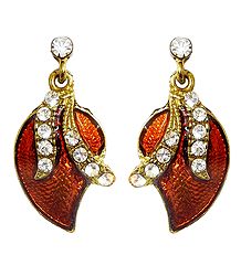 Saffron Lacquered and White Stone Studded Metal Earrings