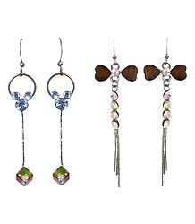 Set of 2 Pairs Blue and Brown Stone Studded Dangle Metal Earrings