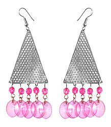 Metal Net Triangle Earrings with Pink Beads