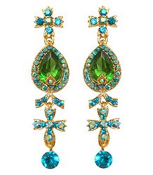 Dark Green and Cyan Stone Studded Dangle Metal Earrings