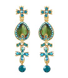 Light Green with Cyan Stone Studded Dangle Metal Earrings