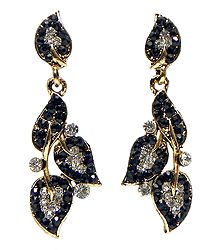 Leaf Earrings Studded with Black and White Stones
