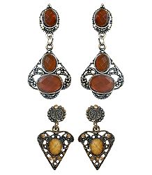2 Pairs Stone Studded Oxidised Metal Dangle Earrings