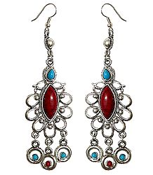 Metal Dangle Earrings with Blue and Red Stone