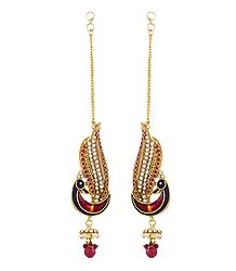 Red and White Stone Studded Peacock Earrings with Chain to Hold Earrings