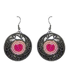 Pink Beaded Oxidised Metal Disc Earrings
