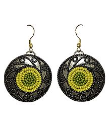 Yellow and Green Beaded Oxidised Metal Disc Earrings