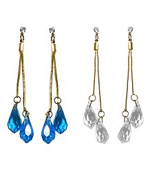 Set of 2 Pairs Cyan and White Crystal Drop Earrings