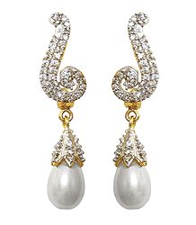 White Bead with Stone Studded Dangle Earrings
