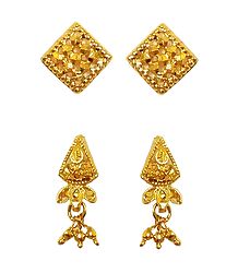 Set of 2 Pair Gold Plated Stud Earrings