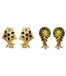 Set of 2 Pairs Red and Green Laquered Gold Plated Earrings