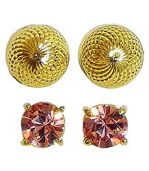 Set of 2 Pairs Gold Plated and Pink Stone Studded Earrings