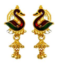 Green with Red Laquered Gold Plated Metal Earrings