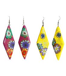 Set of 2 Pairs Red and Yellow Painted Rubber Glitter Earrings