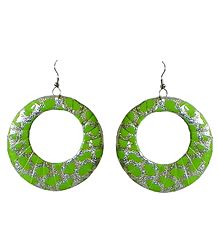 Green with Silver Cloth Wrapped Metal Hoop Earrings