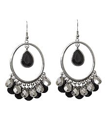 Metal Hoop Earrings with Black Stone Jhalar