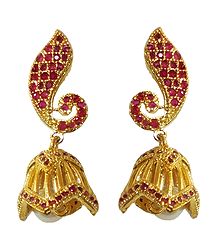 Red Stone Studded and Gold Plated Jhumka Earrings