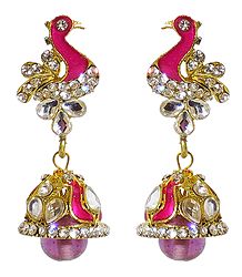 Pink Laquered Peacock with Kundan Jhumka Earrings