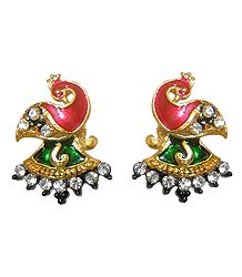 White Stone Studded Lacquered Metal Peacock Earrings
