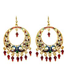 Red with Dark Blue Meenakari Peacock Metal Hoop Earrings