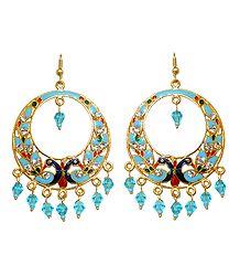 Light Cyan with Dark Blue Meenakari Peacock Metal Hoop Earrings