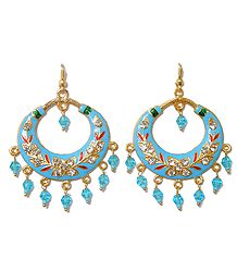 Cyan Blue Meenakari Metal Hoop Earrings