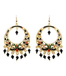 Golden with Black and Green Meenakari Peacock Metal Hoop Earrings