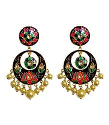 Black, Pink with Green Meenakari Metal Hoop Earrings