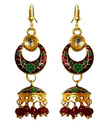 Red with Green Meenakari Metal Hoop with Jhumka Earrings