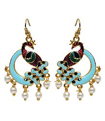 Light Cyan with Red and Green Meenakari Peacock Metal Earrings