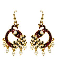 Dark Red with White and Geen Meenakari Peacock Metal Earrings
