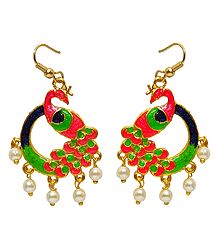 Light Green with Saffron and Black Meenakari Peacock Metal Earrings