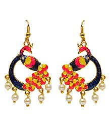 Dark Blue with Saffron and Yellow Meenakari Peacock Metal Earrings