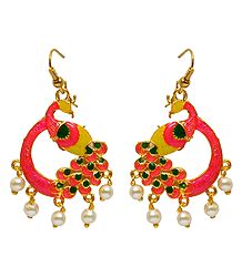 Dark Saffron with Green and Yellow Meenakari Peacock Metal Earrings